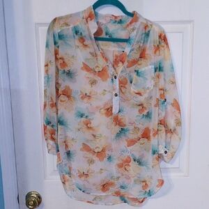Chic Floral Blouse - Orange and Green